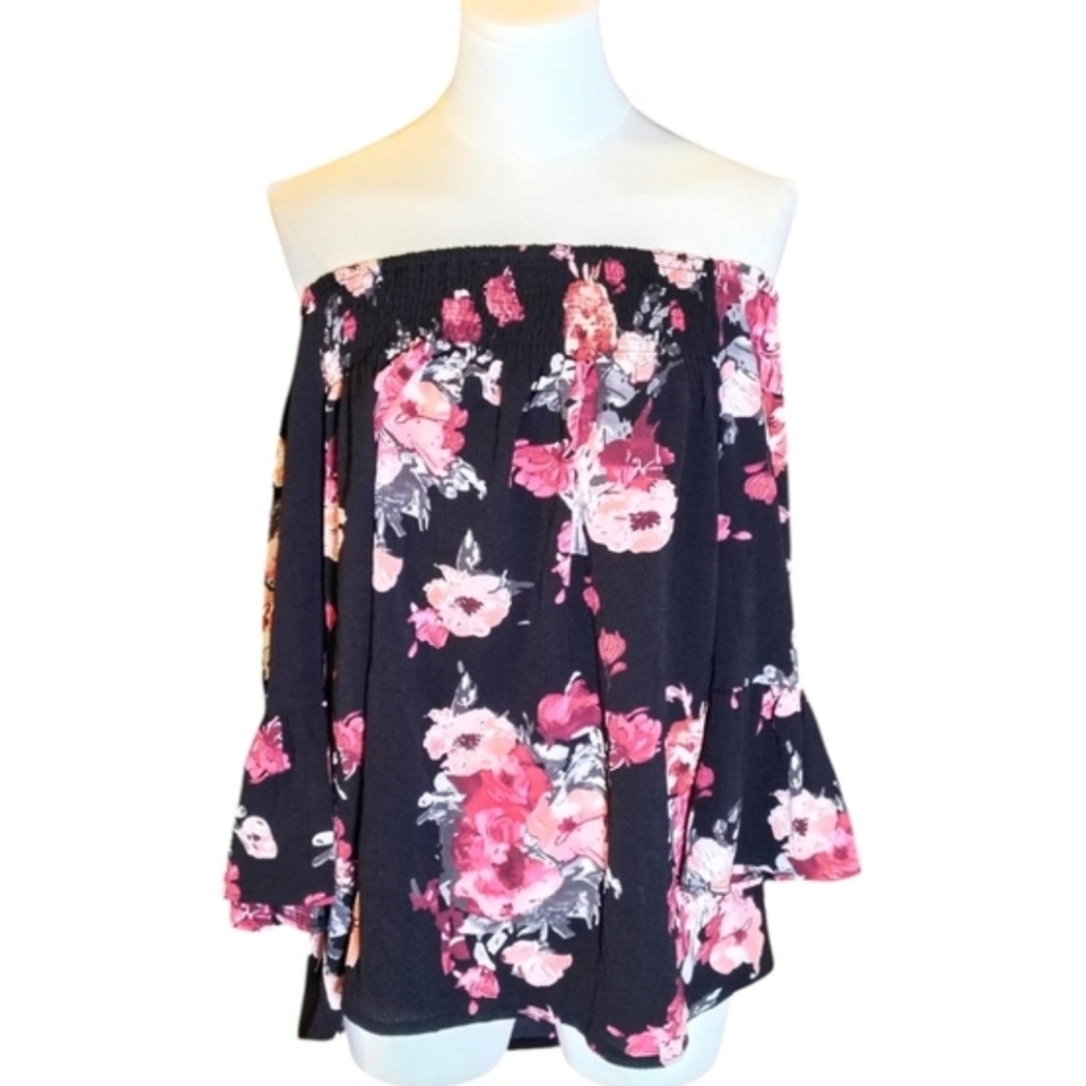Feitong Off The Shoulder Bell Sleeve Black and Pink Floral Blouse Size Large